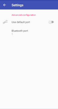 Android blue dot app showing the settings page, use default port turned off and bluetooth port 1 selected