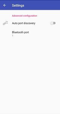 Android blue dot app showing the settings page, auto port discovery turned off and bluetooth port 1 selected